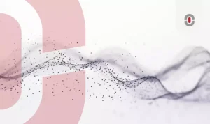 An abstract digital visualization of data flow, featuring a smooth wave of particles and a subtle logo in the corner, symbolizing the power of AI-driven translation and language processing technologies.