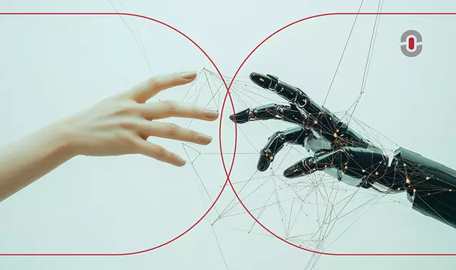 A human hand reaching out to touch a robotic hand, with digital network connections forming between them, symbolizing the collaboration between human intelligence and artificial intelligence in translation and technology.