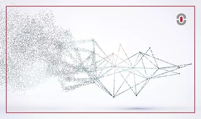 A digital abstract visualization of a network, composed of dispersed dots connecting to form geometric structures. The image conveys the idea of artificial intelligence processing language data, symbolizing AI's role in enhancing language quality assurance through automation and connectivity.
