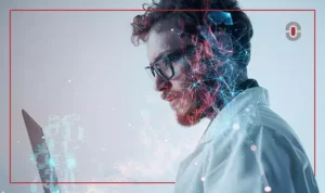 A scientist or researcher in glasses and a lab coat analyzing data on a laptop, surrounded by digital networks and AI-generated visuals, representing the fusion of human expertise and machine learning in translation and knowledge processing.