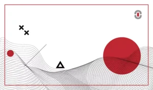 A modern abstract design featuring black wavy grid lines, geometric shapes, and red circles. The visual represents the intersection of technology, AI, and structured communication, symbolizing the evolution of AI-powered interpretation.