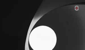 A modern, abstract black-and-white composition featuring curved architectural elements and a circular light source, symbolizing innovation and technology.