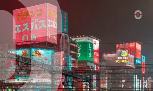 A vibrant night scene of a city in Japan with bright neon signs in Japanese, showcasing local branding and cultural aesthetics.