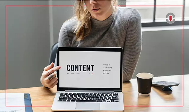 Woman presenting a laptop screen with the word "CONTENT" and keywords like efficient, searchable, and intuitive—highlighting the focus on quality in digital content creation.