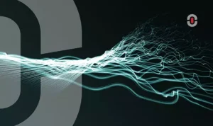 Futuristic blue light streaks flowing across a dark background, representing neural machine translation technology, with the 1-StopAsia logo and bold graphic elements.