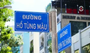 Street signs in Ho Chi Minh City featuring diacritically marked Vietnamese names like 'Hồ Tùng Mậu' and 'Huỳnh Thúc Kháng.' Emphasizes the importance of diacritics in proper name spelling and the role of tone marks in effective, trustworthy localization.