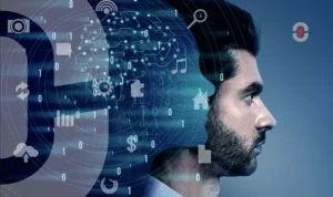 Profile of a man overlaid with binary code and digital icons representing AI, highlighting the intersection of human intelligence and machine translation technology.