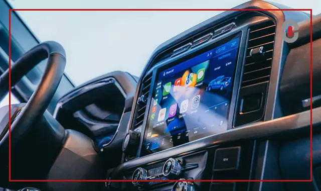 In-car touchscreen UI on modern vehicle dashboard