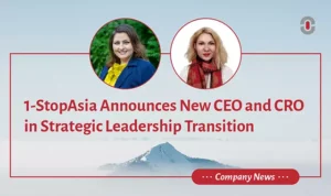 Portraits of Yana Dinchiyska and Gergana Toleva with the headline “Leadership Update: New CEO and CRO at 1-StopAsia” displayed in a branded banner