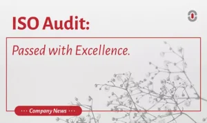 Graphic with the headline 'ISO Audit: Passed with Excellence.' in bold red text, with a soft grayscale floral background and a red label reading 'Company News' at the bottom. The 1-StopAsia logo appears in the top right corner.
