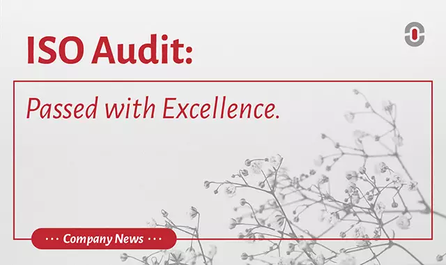 Graphic with the headline 'ISO Audit: Passed with Excellence.' in bold red text, with a soft grayscale floral background and a red label reading 'Company News' at the bottom. The 1-StopAsia logo appears in the top right corner.