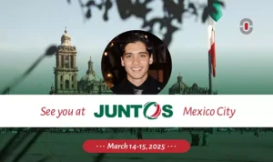 Alberto Hernández of 1-StopAsia featured in front of a backdrop showcasing Mexico City's iconic architecture and the Mexican flag, announcing attendance at the Vamos Juntos 2025 conference on March 14-15, 2025.