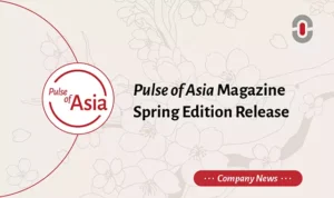 Promotional banner for Pulse of Asia Q1 2025 magazine release, highlighting the Spring Edition focused on AI, transcreation, and innovations in Asian localization and language services.