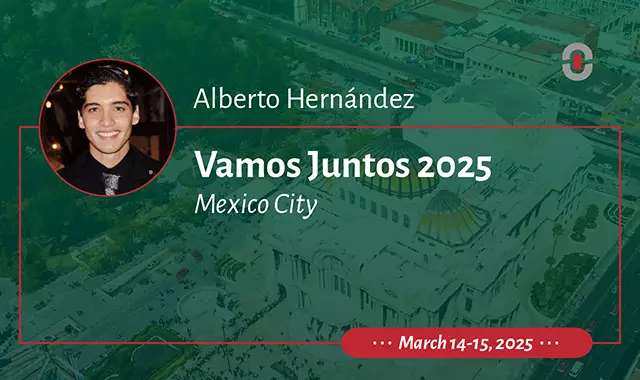 Announcement graphic featuring Alberto Hernández from 1-StopAsia, highlighting his participation at Vamos Juntos 2025 in Mexico City, with an aerial view of a prominent city landmark in the background.